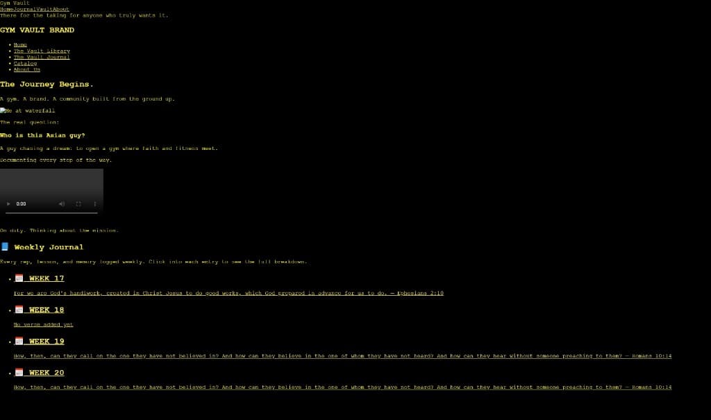 Original Gym Vault homepage: Gym Vault navigation, GYM VAULT BRAND heading, journey and weekly journal sections on a black background with gold text.