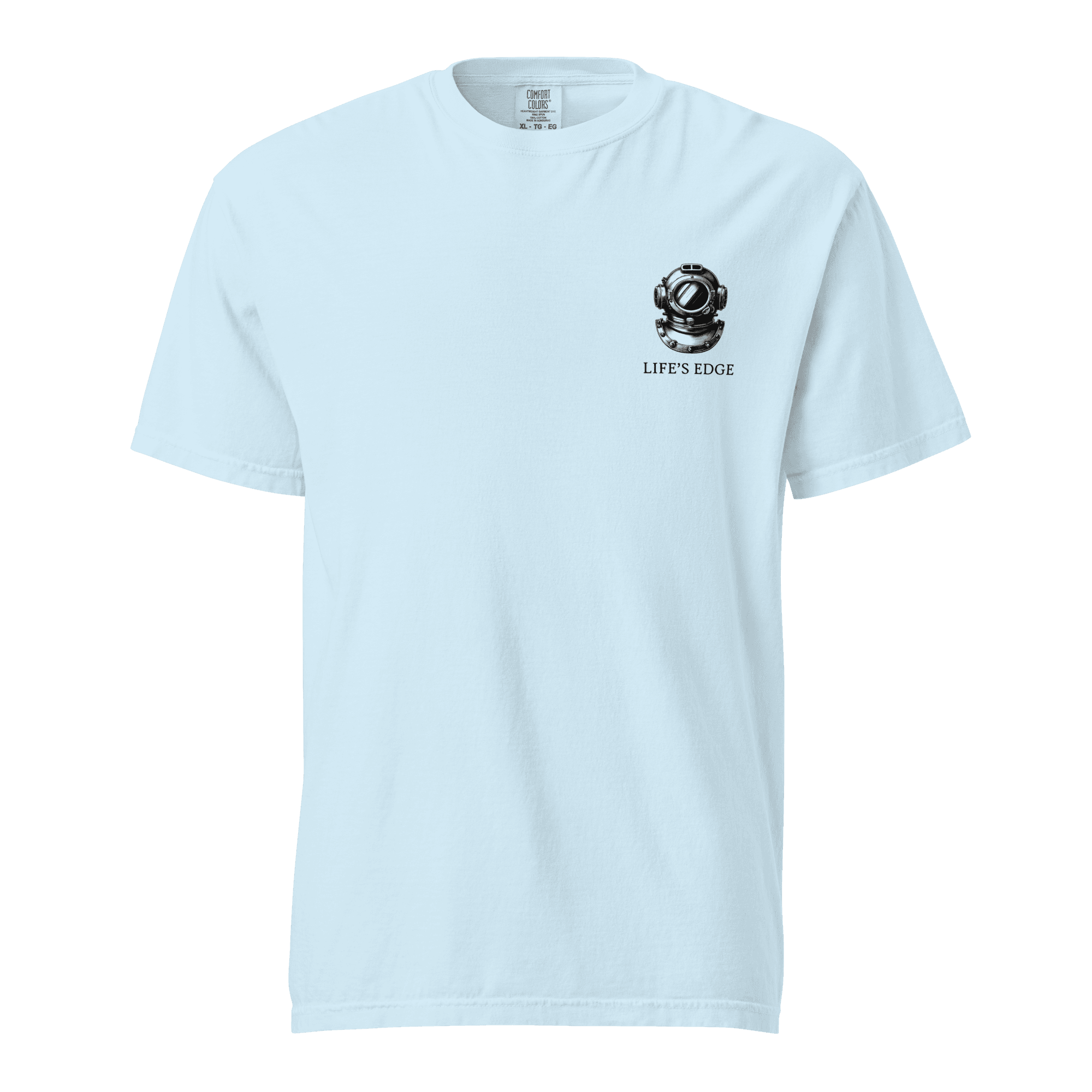 Original Life's Edge t-shirt — chambray tee with vintage diving helmet logo and Life's Edge wordmark on the chest