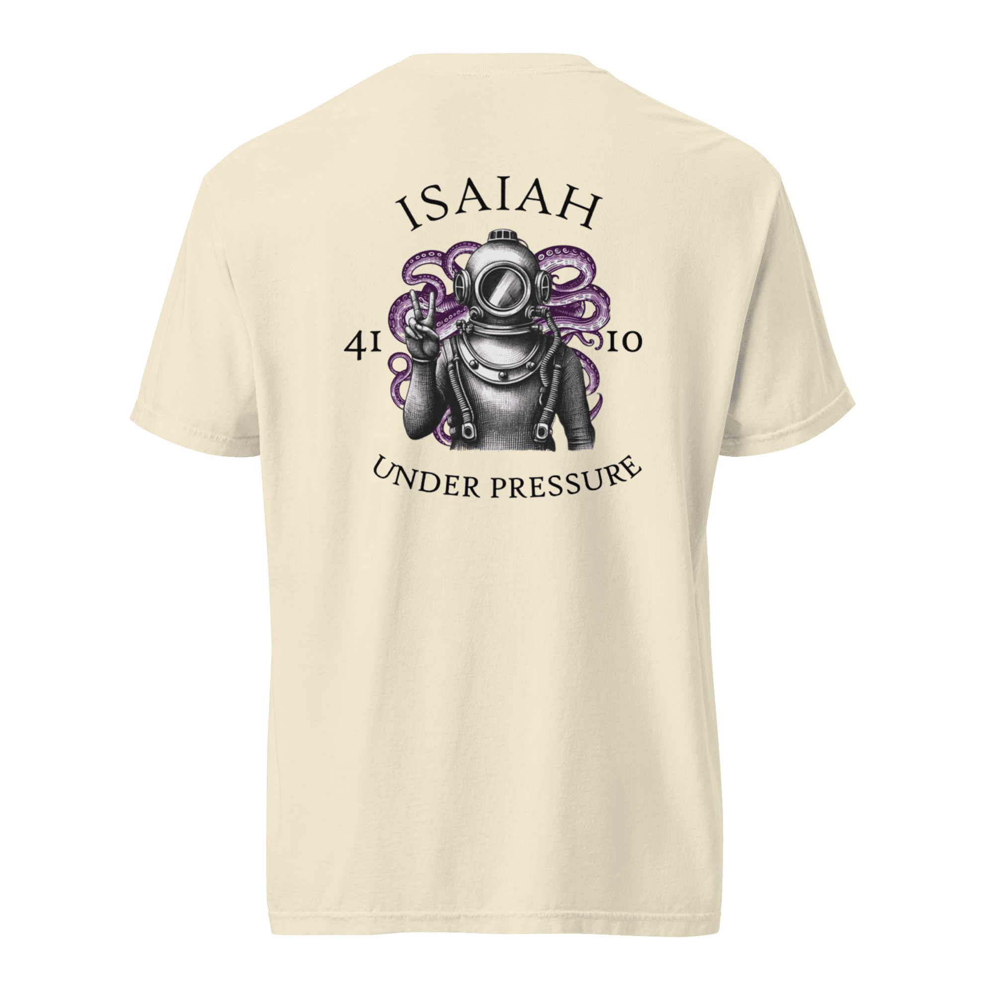 Original Life's Edge t-shirt back print — Isaiah 41:10, Under Pressure, diver with octopus tentacles